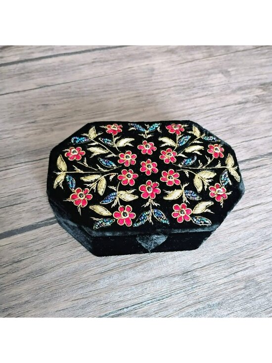 Vintage Other - Vintage Indian Zardozi Embroidered Black Velvet Jewelry Box, 6" Octagon Boho
